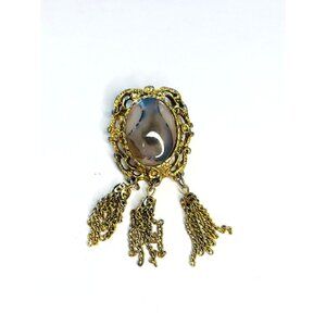 Vintage Gold Filigree Brooch With Agate-Style Stone & Dangling Chains Ornate Des